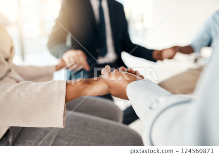 Success, prayer and business team holding hands in office meeting together for hope, trust and support. Teamwork, faith and motivation in meditation for work mindset, balance and stress management. 124560871