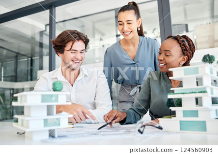 Architecture, building design and team in meeting for planning, brainstorming and working. Teamwork, collaboration and business people work on engineering design model, ideas and project in office 124560903