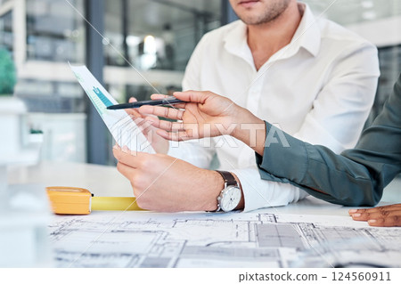Business people, architect hands and meeting in planning for floor plan, construction or design at the office. Hand of creative employee designers in team strategy for architecture or project plan Business people, architect hands and meeting in planning for floor plan, construction or design at the office. Hand of creative employee designers in team strategy for architecture or project plan 124560911
