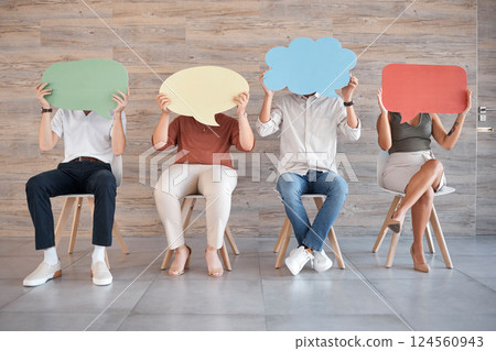 Communication, office and business people holding speech bubble and sitting on chair. Creative, mockup and group of workers with empty sign for diversity in opinion, voice and discussion in workplace Communication, office and business people holding speech bubble and sitting on chair. Creative, mockup and group of workers with empty sign for diversity in opinion, voice and discussion in workplace 124560943