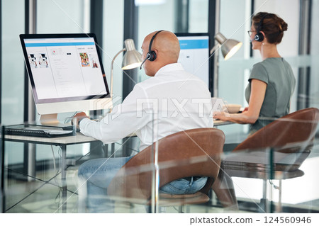 Call center, customer service team and employees on computer consulting in office. Consultants, crm helpdesk and telemarketing, online support or sales agents working together in company workplace. Call center, customer service team and employees on computer consulting in office. Consultants, crm helpdesk and telemarketing, online support or sales agents working together in company workplace. 124560946