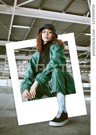 Photo frame, fashion model and woman in street or city with edgy pose. Portrait, cool and trendy creative female from Canada in picture frame with stylish hat, shoes and designer jacket or outfit. Photo frame, fashion model and woman in street or city with edgy pose. Portrait, cool and trendy creative female from Canada in picture frame with stylish hat, shoes and designer jacket or outfit. 124560956