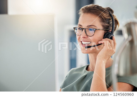Happy call center woman consulting customer for customer support, help or telemarketing sales. Sales advisor, CRM girl with smile for success customer service, contact us hotline or insurance deal 124560960
