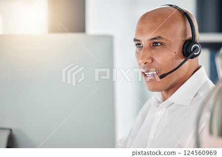 Contact us, customer support and call center man consulting. advice and help with computer and headset. Telemarketing, customer service and online crm worker in conversation, help and talking with pc 124560969