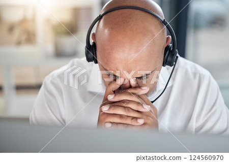 Burnout call center or consultant black man with headache for 404 computer error, financial stress or customer service with anxiety. Mental health, depression or sad fatigue hotline male employee 124560970