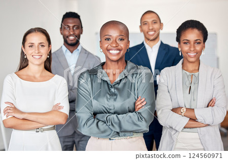 Teamwork, corporate and business people with smile for partnership, collaboration and trust for professional work. Support, pride and portrait of happy employees with arms crossed for success 124560971