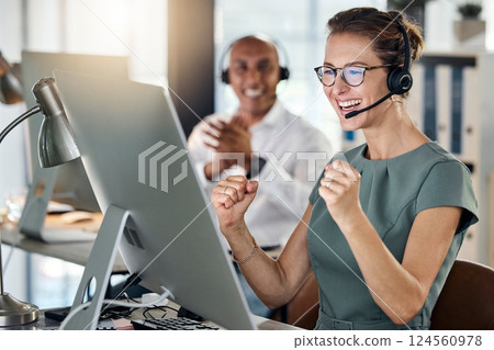 Call center computer, sales woman celebration and winner fist, target or stock market trading success in office. Telemarketing consultant celebrate business achievement, deal or motivation on desktop Call center computer, sales woman celebration and winner fist, target or stock market trading success in office. Telemarketing consultant celebrate business achievement, deal or motivation on desktop 124560978