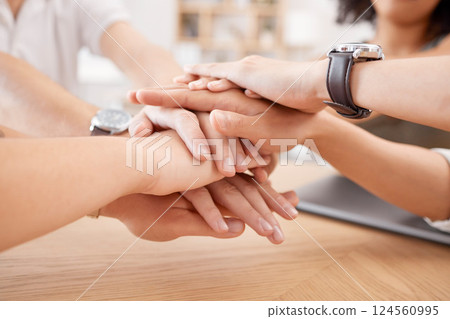 Business people, hands or teamwork collaboration in office for digital marketing motivation, strategy planning success or partnership deal. Zoom, men or women in support trust huddle for vision goals 124560995