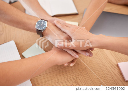 Hands, teamwork and collaboration of business people in office. Solidarity, unity and team building of workers working together for mission, vision or company goals, targets and success motivation. 124561002