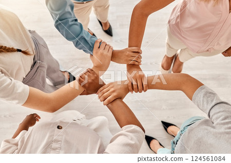 Office, employee diversity and hands together of business workers showing support, trust and hope. Above view of corporate staff holding arms ready for working on collaboration, teamwork and project Office, employee diversity and hands together of business workers showing support, trust and hope. Above view of corporate staff holding arms ready for working on collaboration, teamwork and project 124561084