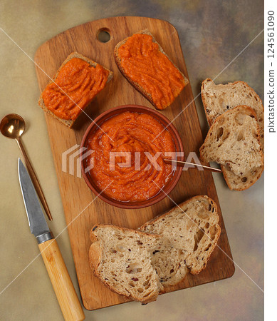 Sandwich with grain bread and pumpkin caviar on concrete background, healthy breakfast with ingredients, healthy eating concept, space for text, selective focus Sandwich with grain bread and pumpkin caviar on concrete background, healthy breakfast with ingredients, healthy eating concept, space for text, selective focus 124561090