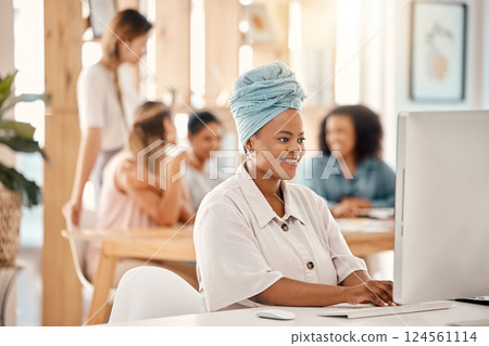 Business, black woman and computer planning for digital marketing agency, seo research and internet analysis at office desk. Happy african employee working on desktop pc, reading email and analytics Business, black woman and computer planning for digital marketing agency, seo research and internet analysis at office desk. Happy african employee working on desktop pc, reading email and analytics 124561114