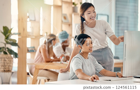 Employees, team and computer research with speaking, planning or project outcome and analysis at office desk. Happy, Asian manager and woman with digital marketing, discuss work and conversation Employees, team and computer research with speaking, planning or project outcome and analysis at office desk. Happy, Asian manager and woman with digital marketing, discuss work and conversation 124561115