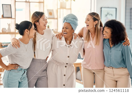 Happy business people, women empowerment and diversity team, collaboration and motivation, employee engagement and support in startup office. Laughing group, female friends and marketing agency staff 124561118