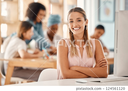 Portrait of woman manager smile or happy with company development, leadership and management in a office. Team leader with arms crossed in marketing and advertising meeting at a startup office 124561120