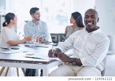 Happy, portrait and business man in meeting for planning, strategy and goal in office with diverse colleagues. Business meeting, leader and business people discussing growth, mission and documents 124561122
