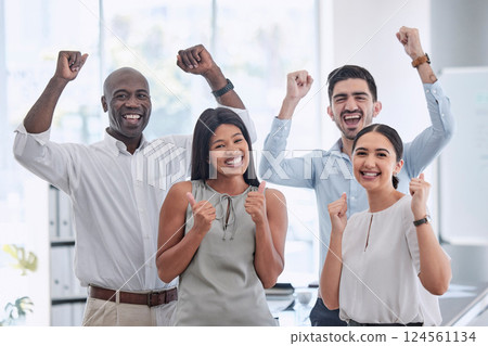 Excited business people, teamwork celebration and motivation, success and winning goals in office. Portrait of happy, diversity and employee collaboration, fist and deal, bonus and winner staff group 124561134