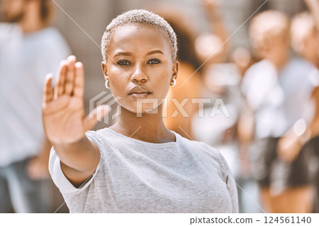 Stop, protest and hand of black woman in city for activism, social justice or empowerment. Justice, freedom and support with girl no or caution sign for global change, human rights or gender equality Stop, protest and hand of black woman in city for activism, social justice or empowerment. Justice, freedom and support with girl no or caution sign for global change, human rights or gender equality 124561140