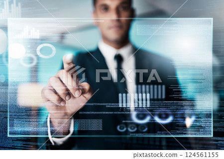 Futuristic hologram, businessman and fintech employee working on finance coding and graph. Future, screen and technology of a accounting business man touching a tech monitor for an investment 124561155