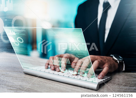 Hands, hologram and man on laptop in office for finance, planning and investment on futuristic, innovation and software. Double exposure, hands and businessman on keyboard, stock market and trading 124561156
