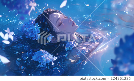 水面、繡球花和女人 124561225