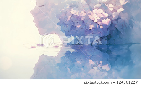 水面上倒映的繡球花與女人 124561227