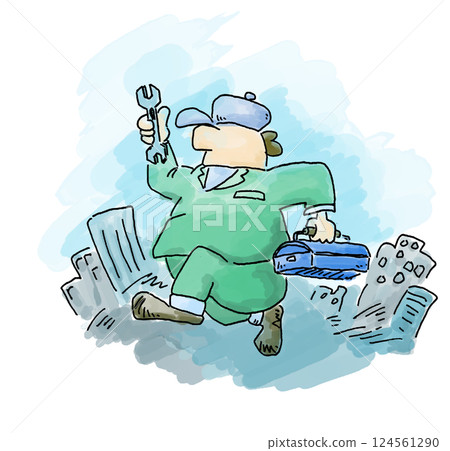 A repairman wearing work clothes and a hat, carrying a toolbox and a wrench, rushing to the site after receiving a repair request 124561290