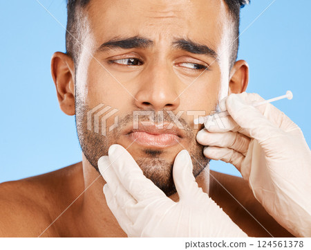 Beauty, face and skincare with man and needle with fear for prp, aesthetic or spa for cosmetology improvement. Luxury, plastic surgery and vanity injection and scared model with collagen or filler Beauty, face and skincare with man and needle with fear for prp, aesthetic or spa for cosmetology improvement. Luxury, plastic surgery and vanity injection and scared model with collagen or filler 124561378