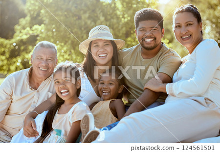 Big family, happy portrait and vacation in nature, summer holiday or trip. Love, generations and smile of children, grandma and grandpa, mother and father enjoying quality time together outdoors. 124561501