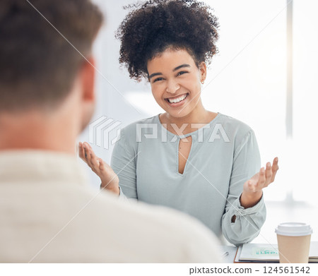 Coffee shop business people meeting for collaboration, client negotiation and project mission with black woman planning her strategy for our vision goal. Interview, startup and b2b team brainstorming 124561542