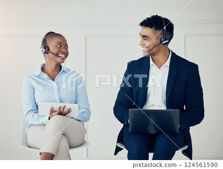 Call center, team meeting and business people with laptop, tablet or technology consultation for Human Resources, we are hiring or job search. Black people excited for telemarketing career interview 124561590