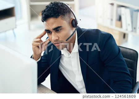 Thinking, stress and call center with businessman at desk for telemarketing, customer support and consulting. Burnout, mental health and anxiety with employee in office for contact us, kpi and crm Thinking, stress and call center with businessman at desk for telemarketing, customer support and consulting. Burnout, mental health and anxiety with employee in office for contact us, kpi and crm 124561609