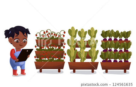 Illustration of a child doing gardening and animal husbandry 124561635