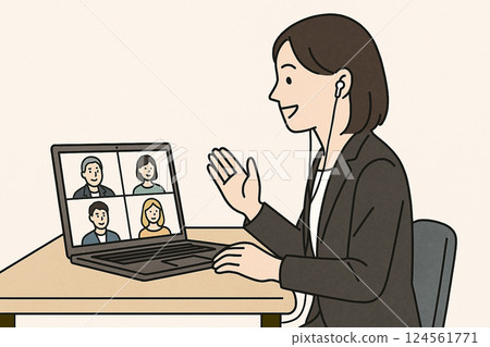 一名身穿西裝的女子參加線上會議的插圖 一名身穿西裝的女子參加線上會議的插圖 124561771