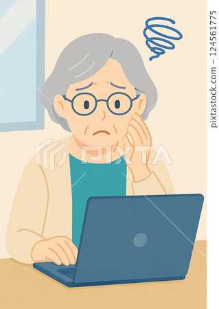 Illustration of an elderly woman having trouble operating a computer 124561775
