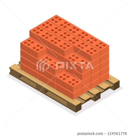 3D Isometric Flat Vector Set of Building Materials, Pile of Sand, Stones, Bricks, Concrete Mixer. Item 7 124561776