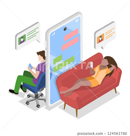 3D Isometric Flat Vector Illustration of Dating App, Virtual Relationship. Item 3 3D Isometric Flat Vector Illustration of Dating App, Virtual Relationship. Item 3 124561780