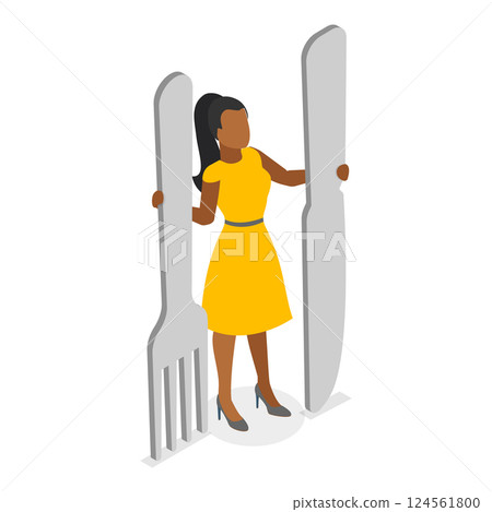 3D Isometric Flat Vector Illustration of Kitchen Utensils, People Holding Knife, Spoon, Fork and Chopsticks. Item 4 124561800