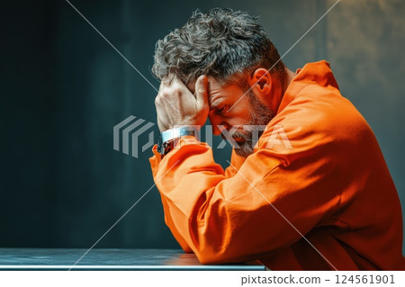 Man in orange prison jumpsuit sits worried in interrogation room with cuffed hands 124561901