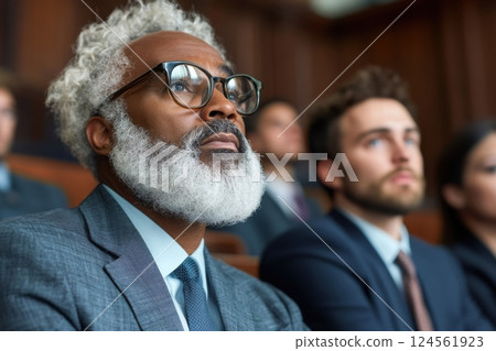 Jury members attentively listen during courtroom proceedings with serious expressions 124561923