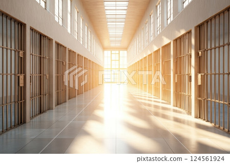 Prison corridor with inmates communicating through bars in a well lit environment 124561924
