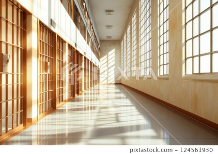 Long prison corridor with inmates talking through bars and sunlight streaming in 124561930