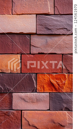 Photorealistic brick wall blending glowing glass and natural stone in bright daylight 124561970