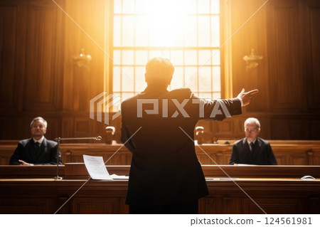Male prosecutor presents evidence to judges in a bright courtroom environment 124561981