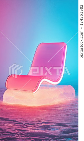 Futuristic neon chair on a frozen platform under bright natural light 124561982