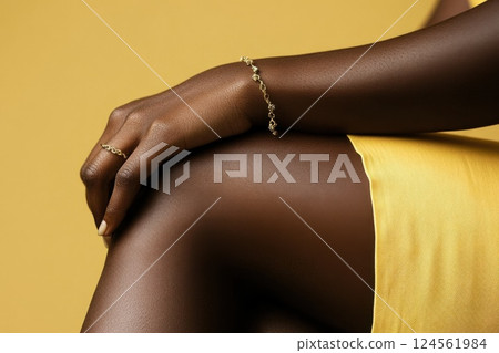 Delicate gold bracelet with charms on models wrist against a soft backdrop 124561984