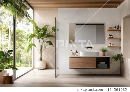 Compact modern bathroom design featuring sliding glass shower door and floating vanity 124561985