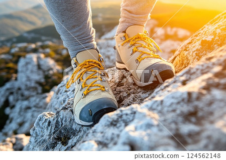 Climbing shoes grip rocky cliff during extreme sports adventure at sunset 124562148