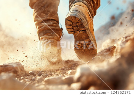 Hiking boots kicking up dust on a rocky mountain trail during bright daylight 124562171