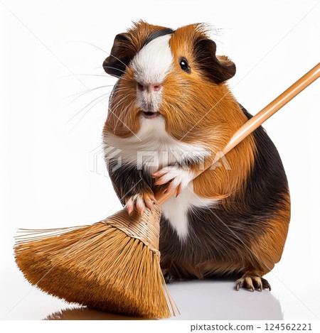 Cute guinea pig with a broom preparing to clean in a bright indoor setting during daytime. Generative AI 124562221